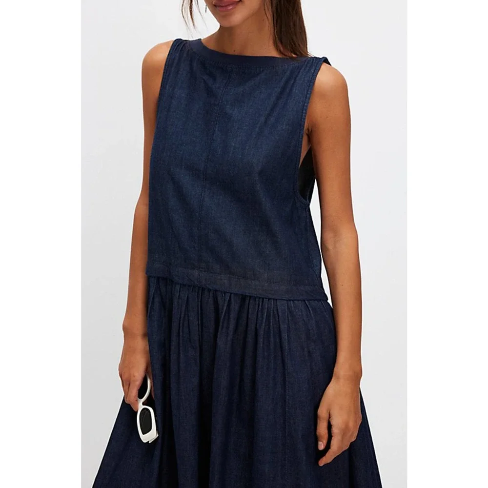 NEW FREE PEOPLE DARK WASH SORAYA DENIM MIDI DRESS SZ S